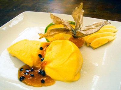 Lucuma Mousse with a Passionfruit Reduction - Dessert made from Peruvian fruits: Lucuma Mousse with a Passionfruit Reduction